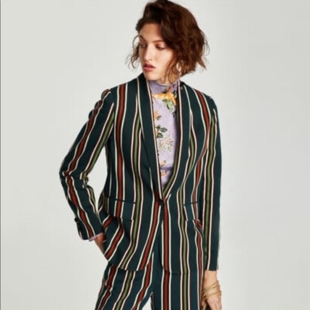 Zara Bottle Green Stripe Blazer